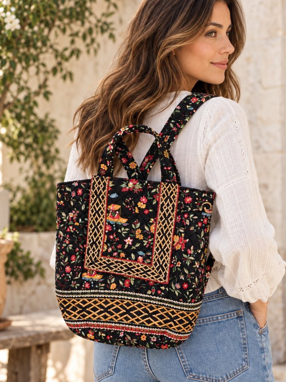 Vera Bradley Backpack Black Floral Quilted Cotton Drawstring Tote Bag Cottage